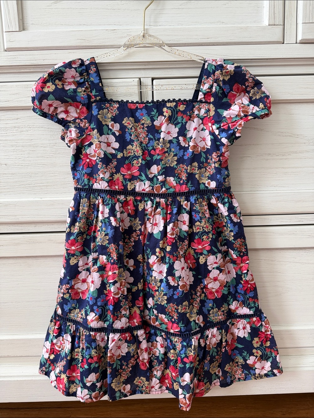 Janie & Jack - Floral Navy Girls' Puff-Sleeve Dress, Size 5